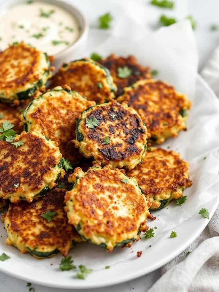A plate of golden zucchini fritters garnished with cilantro and served with a creamy dip.
