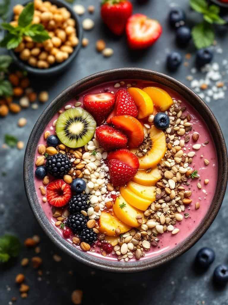 A colorful smoothie bowl topped with fruits and seeds.