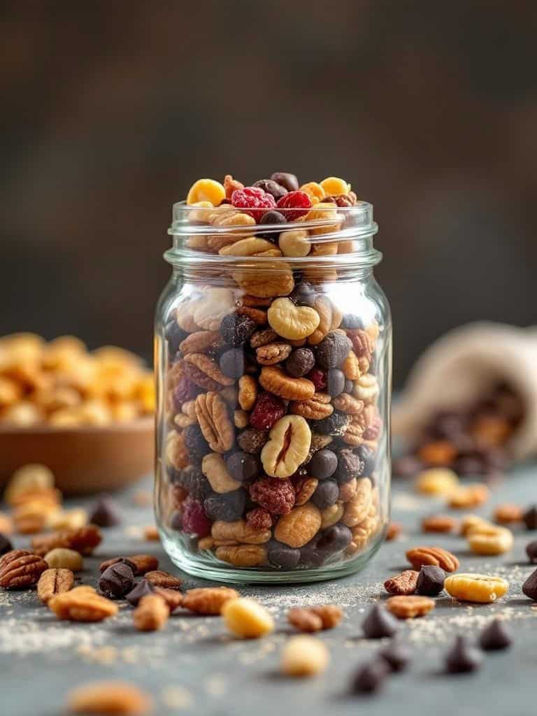 A jar filled with homemade trail mix containing nuts, dried fruits, and chocolate chips.