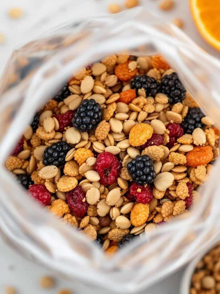 A close-up of nut-free trail mix with seeds and dried fruits in a bag.