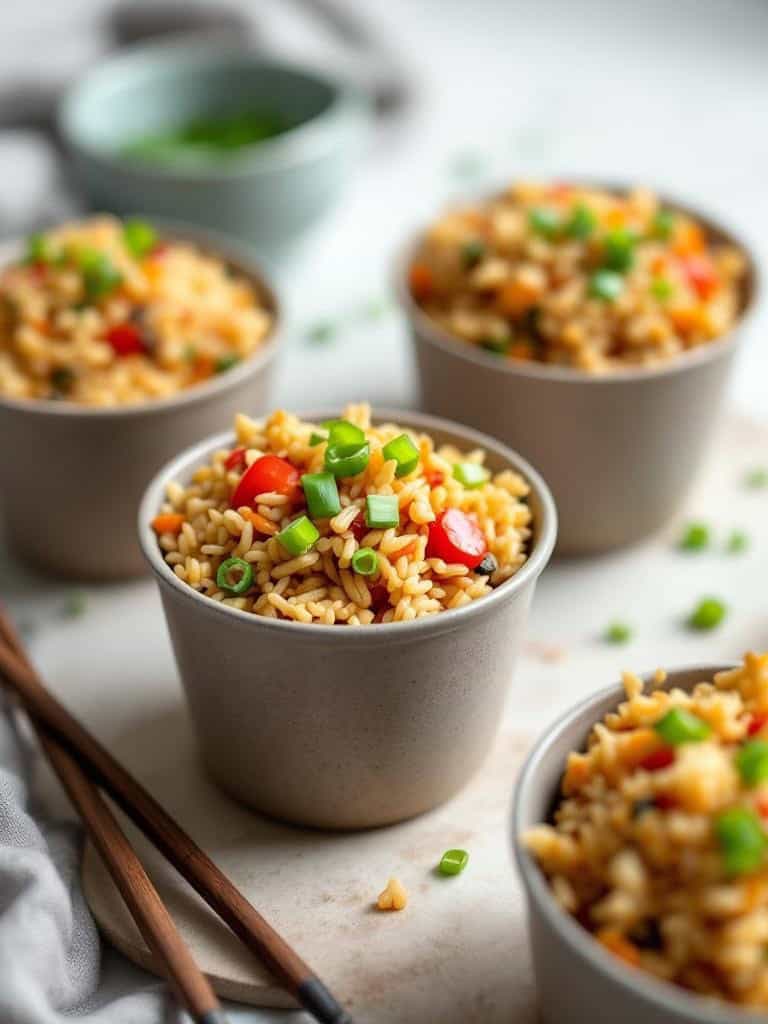 Vegetable Fried Rice Cups in small bowls with green onions on top.