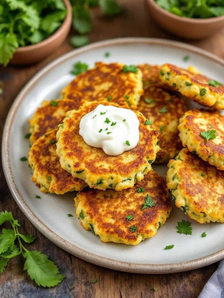 Plate of zucchini fritters topped with yogurt and garnished with parsley.