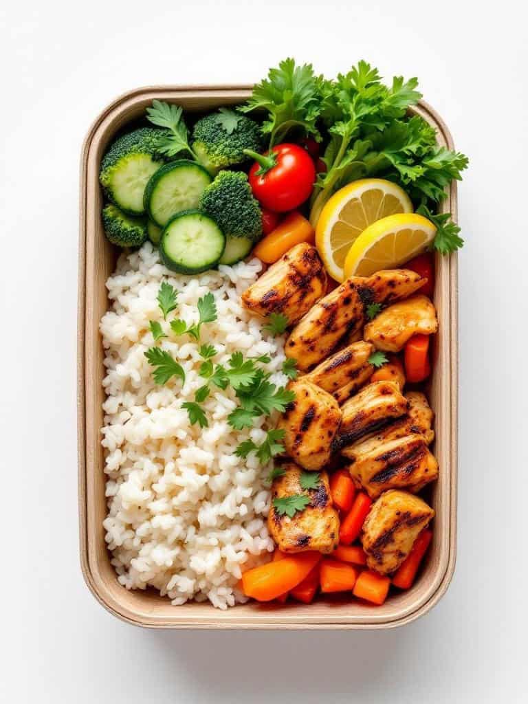 A bento box filled with rice, grilled chicken, broccoli, cucumbers, and lemon slices.