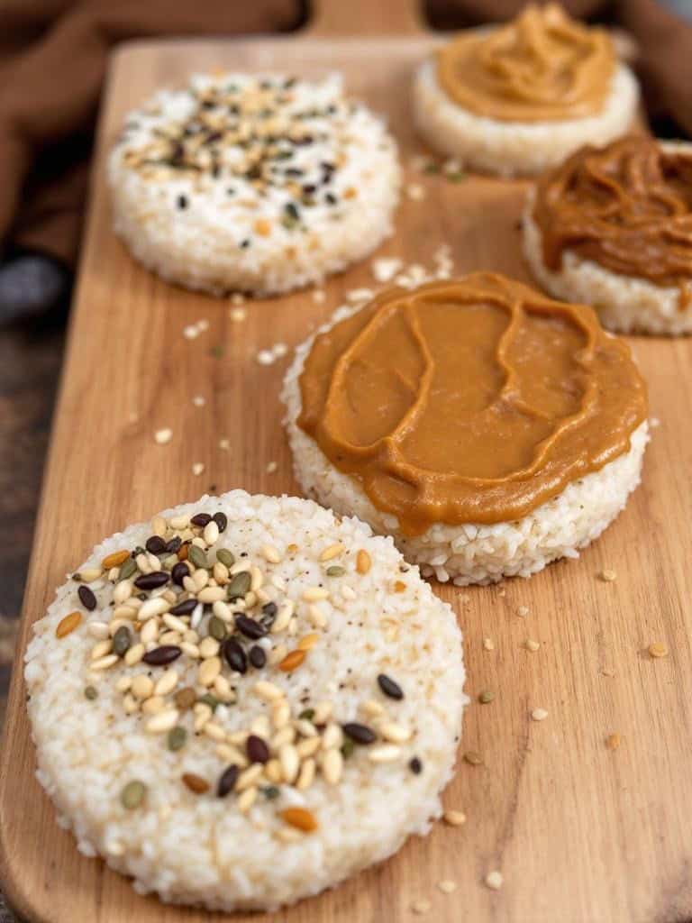Rice cakes topped with various nut butters and seeds on a wooden board.