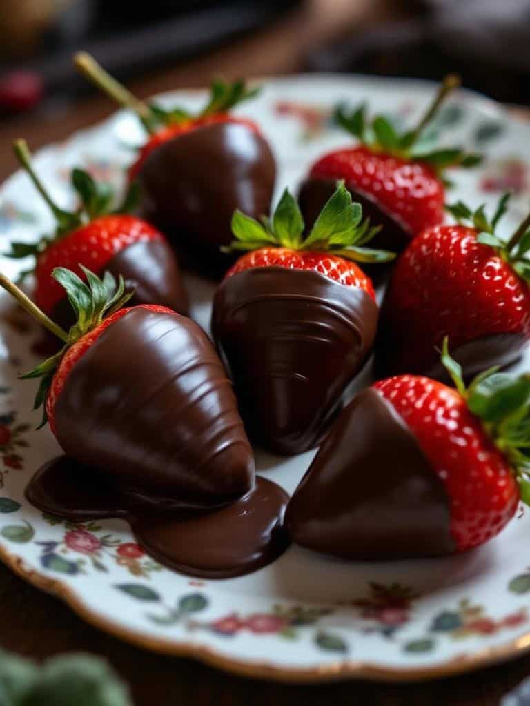 A plate of chocolate-dipped strawberries with some chocolate drizzled on the plate.