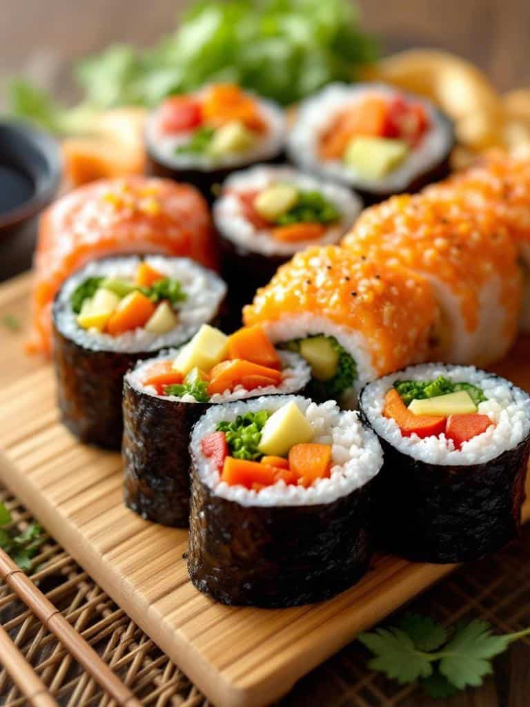 A variety of sushi rolls with veggies on a bamboo mat.