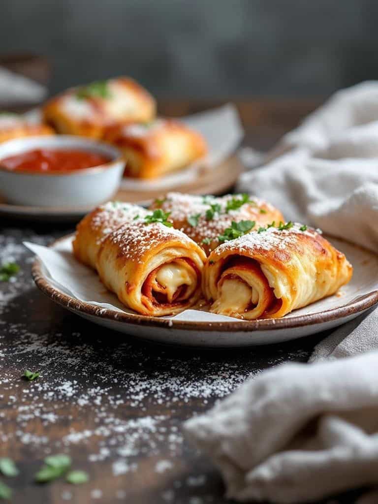 Delicious homemade pizza rolls on a plate with a side of marinara sauce.