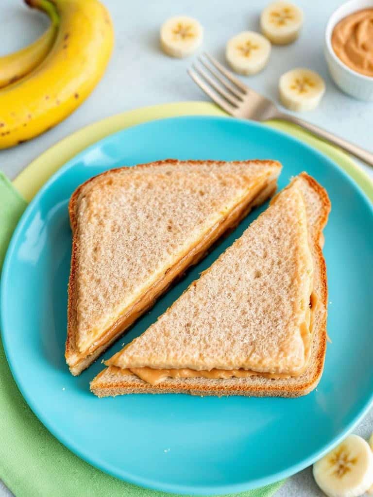 A plate with a peanut butter sandwich cut into triangles, showing peanut butter spread on the bread.