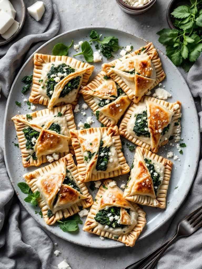 A plate of golden-brown spinach and feta stuffed pastries, garnished with fresh herbs.