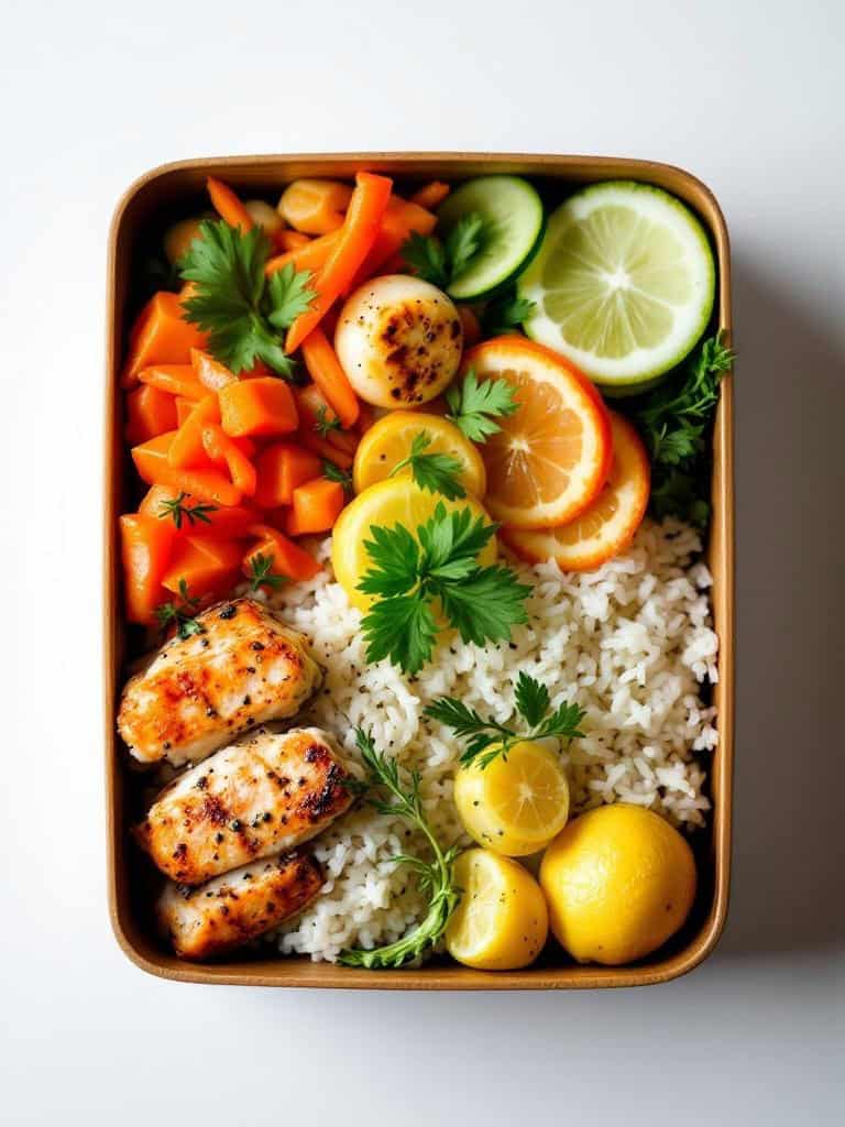 Bento box containing rice, grilled fish, and assorted vegetables.