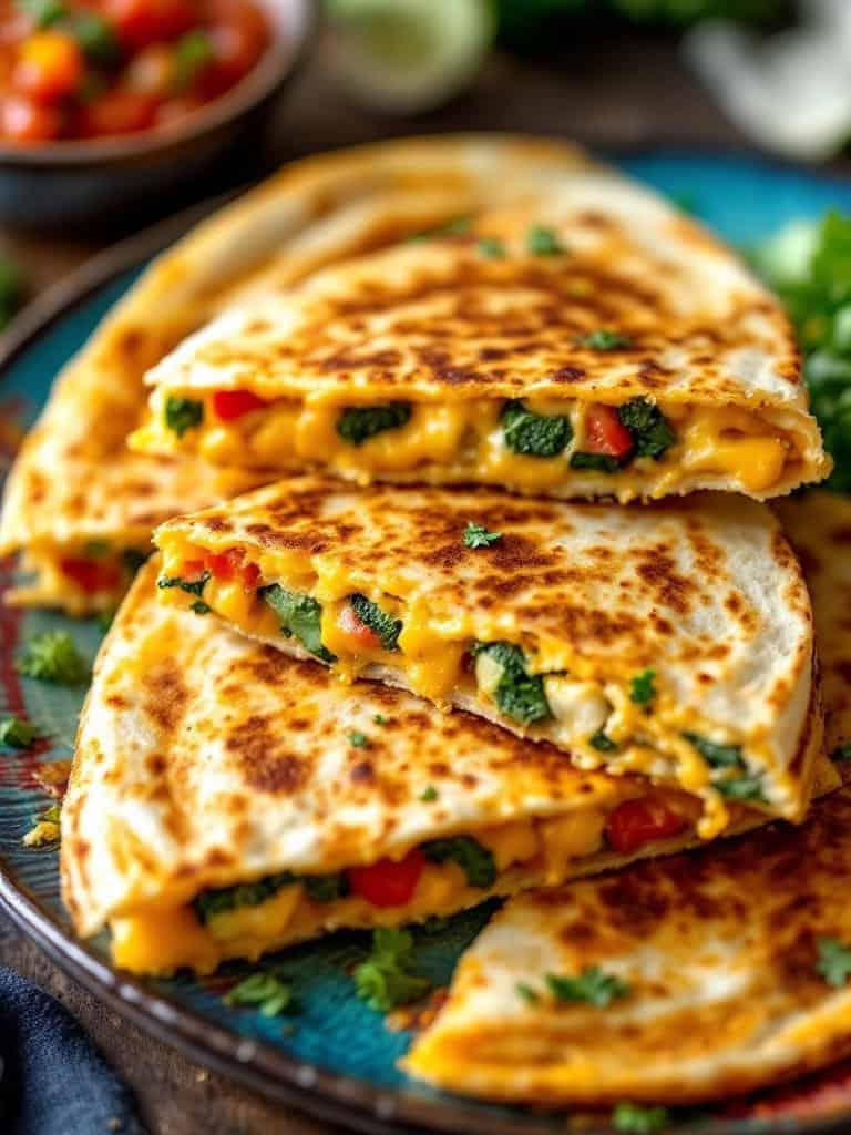 A plate of cheesy veggie quesadillas with melted cheese and colorful vegetables.