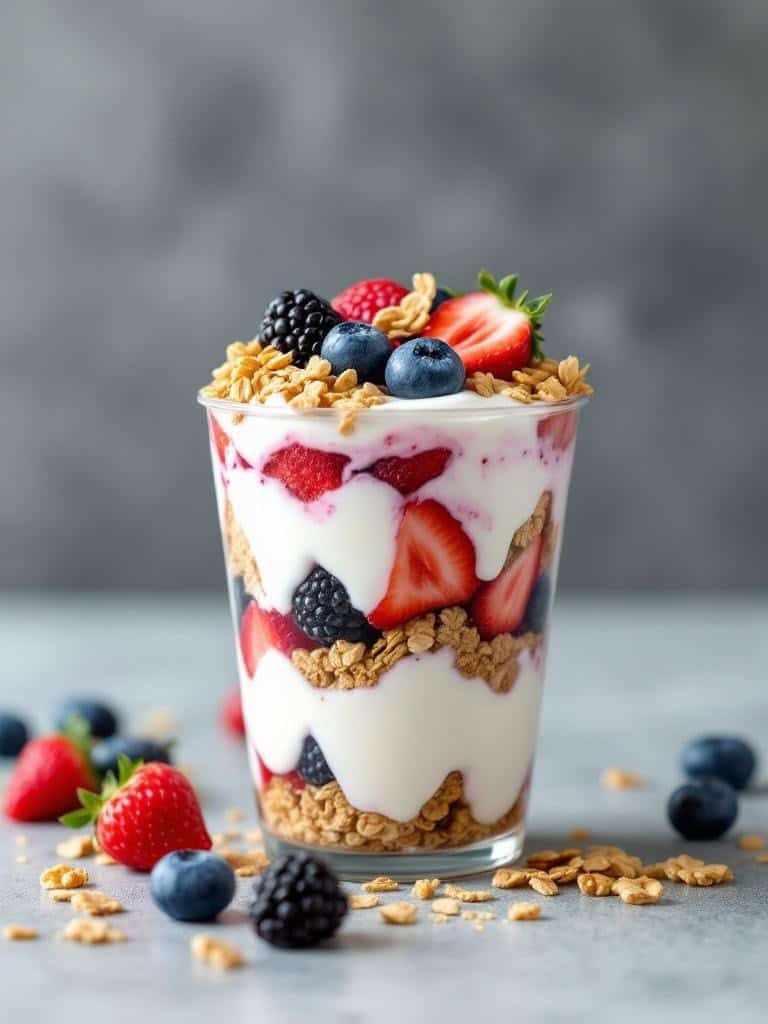A delicious fruit and yogurt parfait with layers of yogurt, fresh berries, and granola.