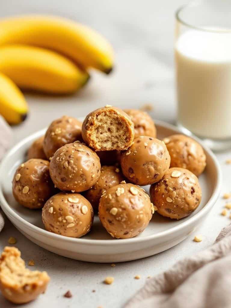 A plate of peanut butter banana energy bites with a bite taken out, surrounded by bananas and a glass of milk.