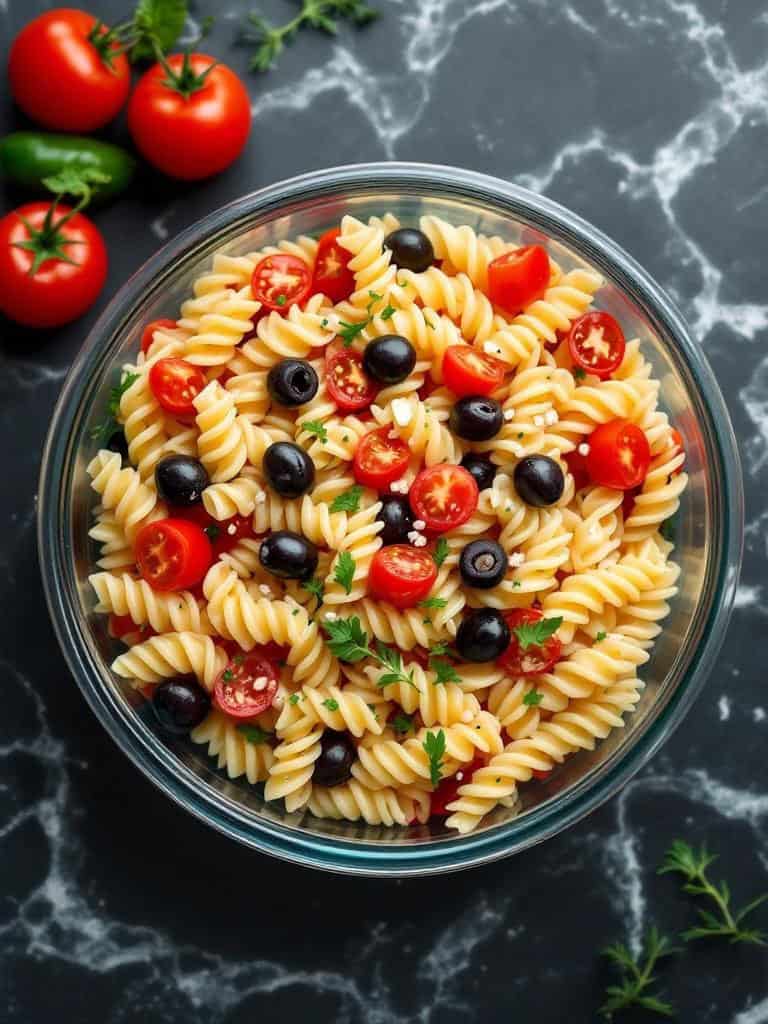 A bowl of pasta salad with cherry tomatoes and olives on a marble surface.