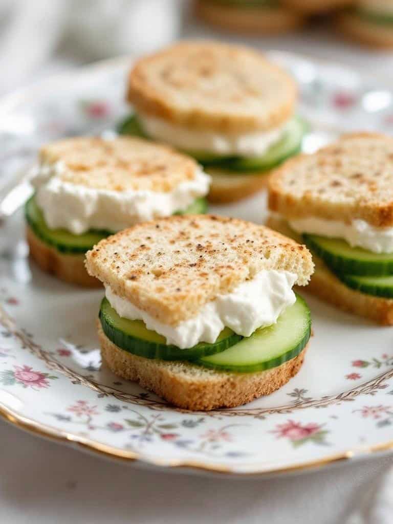 Cucumber sandwiches with cream cheese on a floral plate.
