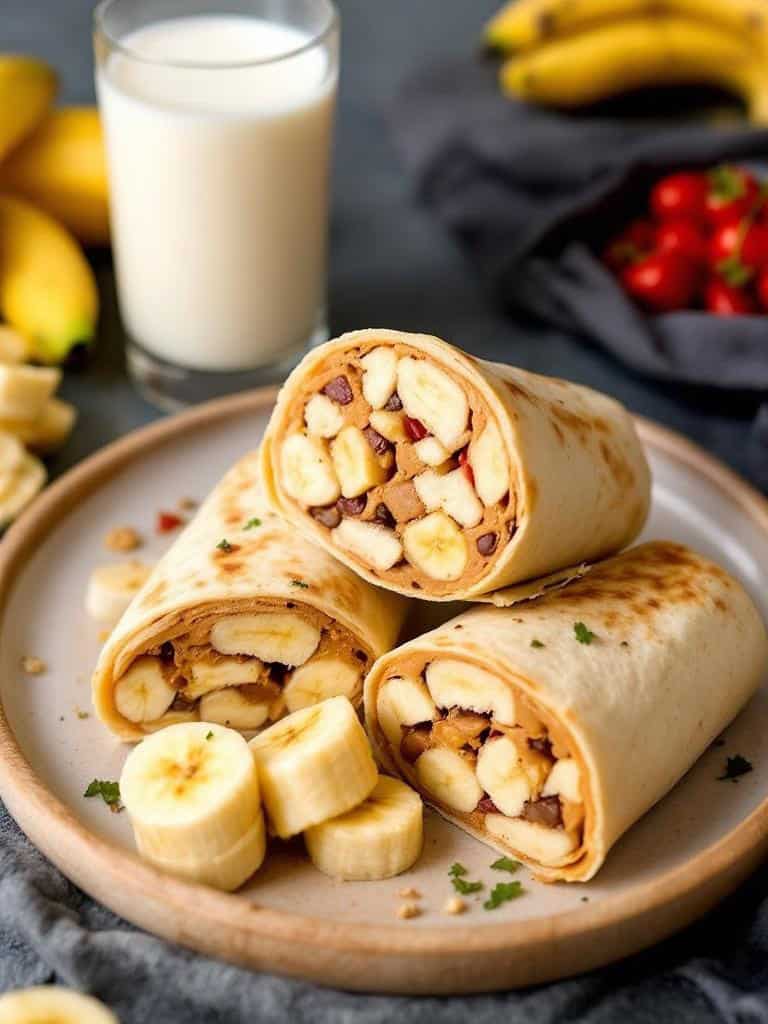 Peanut butter banana wrap on a plate with a glass of milk
