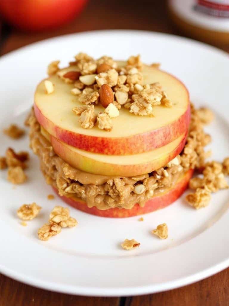 A stack of apple sandwiches with almond butter and granola on a plate.