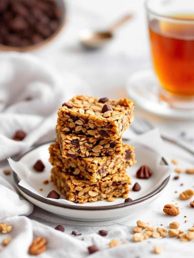 A stack of nutty granola bars on a plate, surrounded by chocolate chips and nuts.