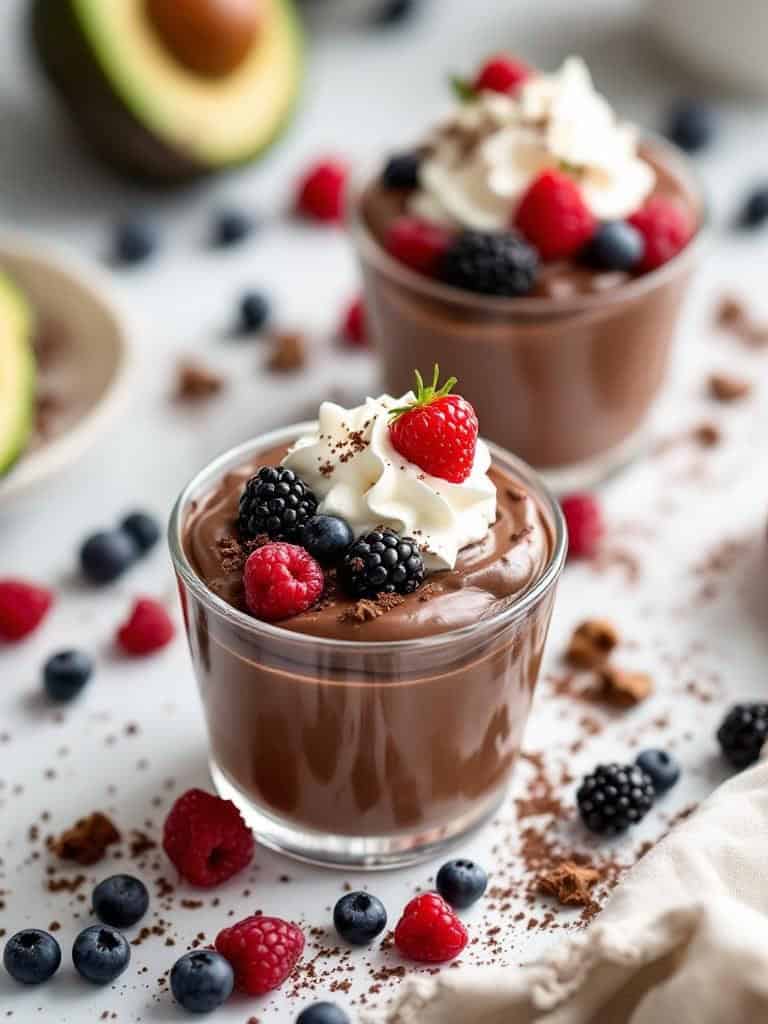 Chocolate avocado pudding cups topped with berries and whipped cream