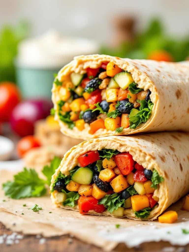 A close-up of a roasted vegetable and hummus wrap, showcasing vibrant vegetables like red peppers, cucumbers, and greens.