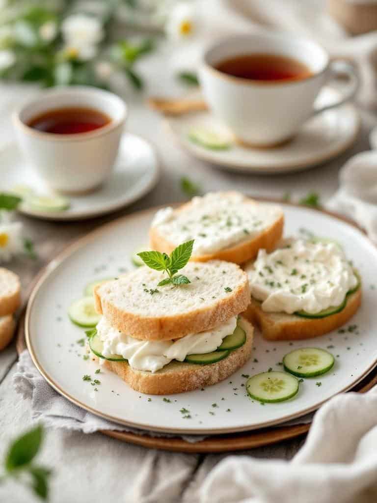 Cucumber and cream cheese sandwiches on a plate with tea cups in the background.