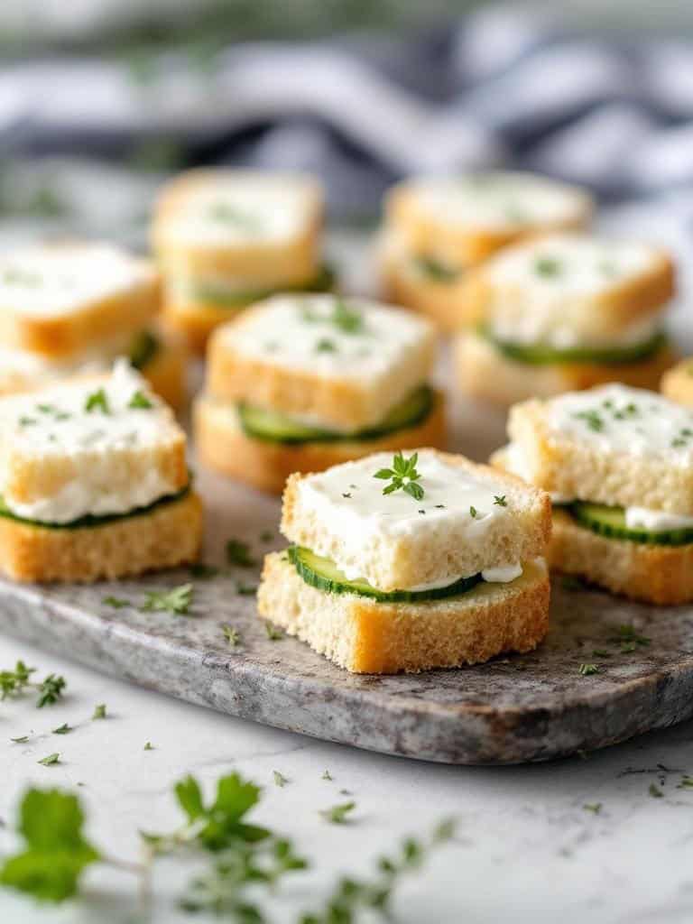 A platter of cucumber sandwiches with cream cheese on soft bread, garnished with herbs.