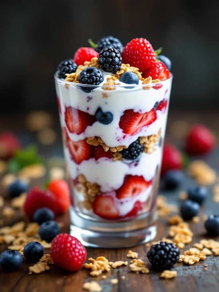 A delicious fruit and yogurt parfait with layers of yogurt, strawberries, blueberries, and granola.