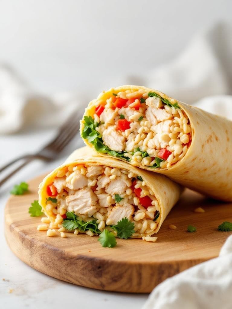 Two chicken and rice wraps cut in half, showcasing the filling of chicken, rice, and vegetables.