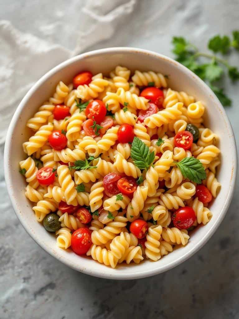 A bowl of pasta salad with cherry tomatoes and herbs.