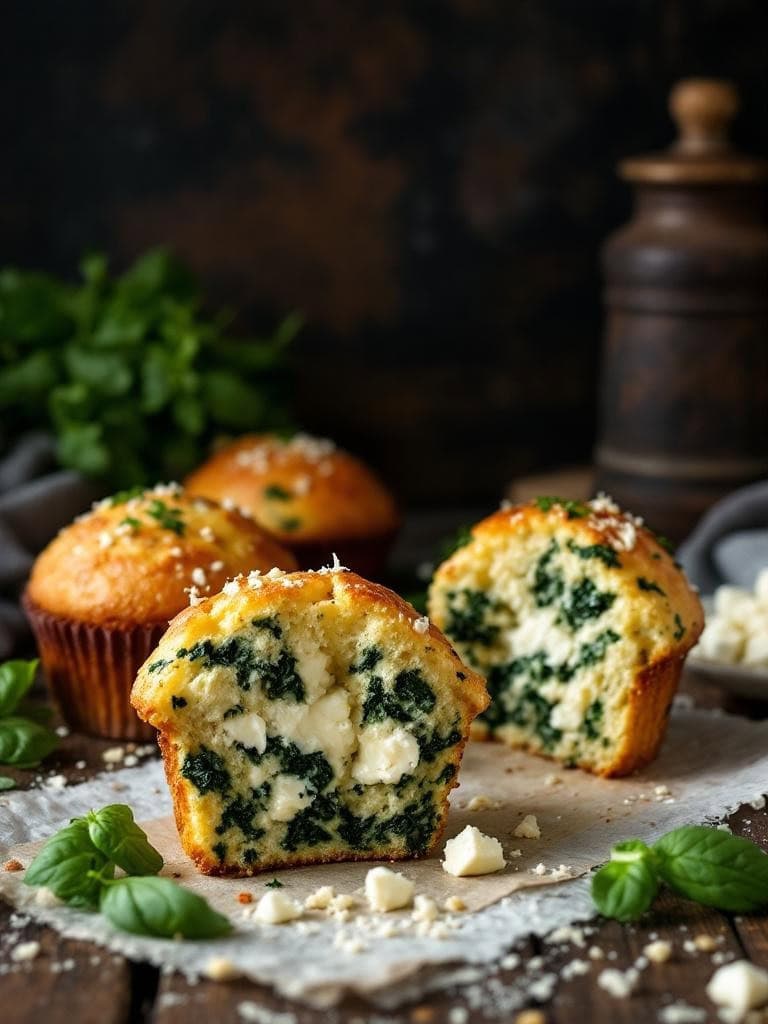 Savory muffins with spinach and feta, cut open to show the filling.