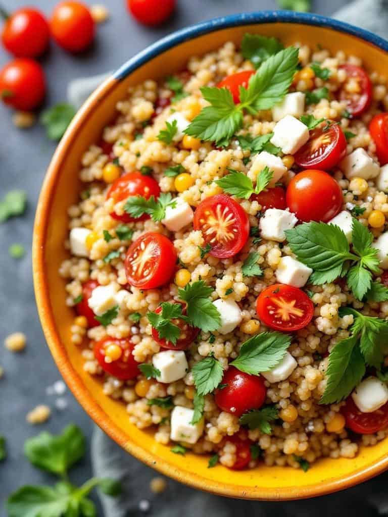 A colorful quinoa salad with cherry tomatoes and feta cheese in a bowl.