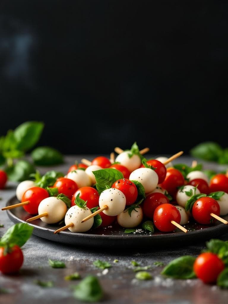 A plate of Caprese skewers with cherry tomatoes, mozzarella balls, and basil.