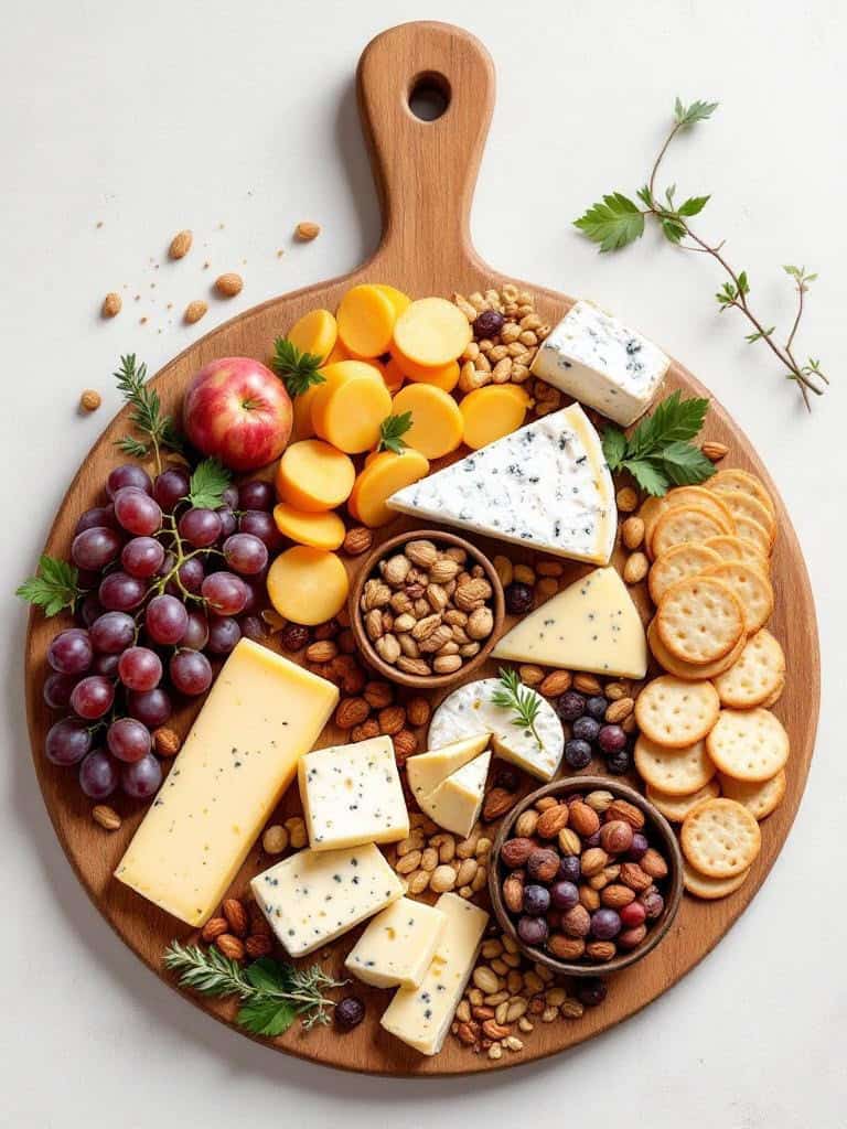 A wooden platter filled with various cheeses, crackers, nuts, and grapes.