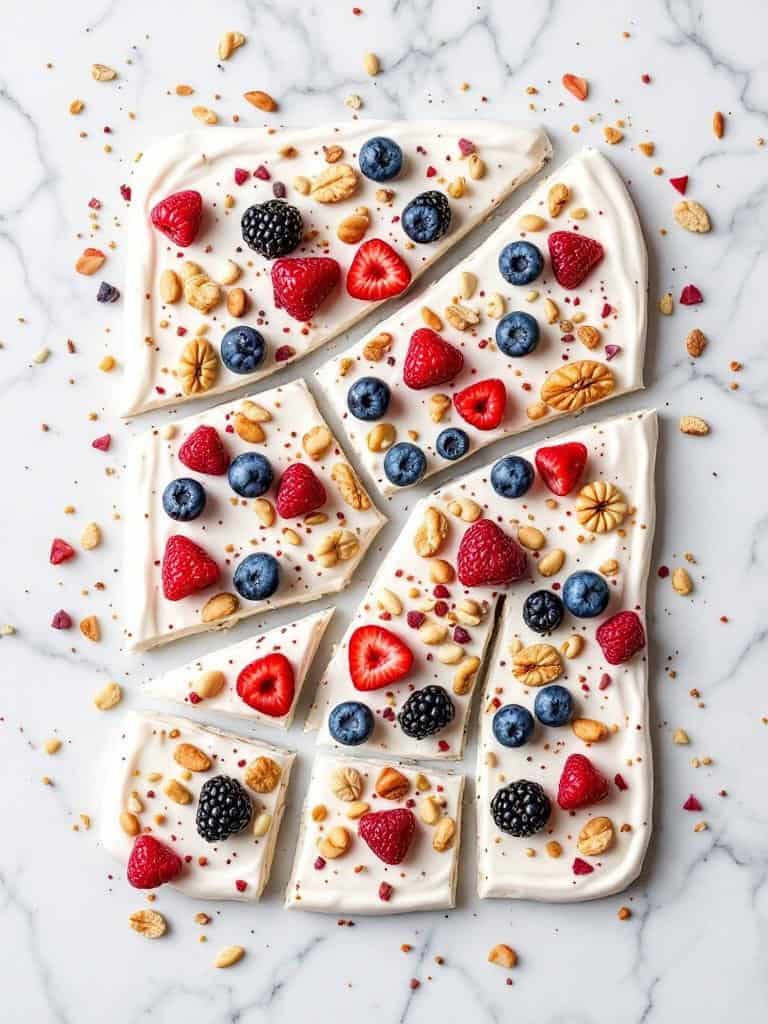 Frozen yogurt bark topped with berries and nuts on a marble surface.