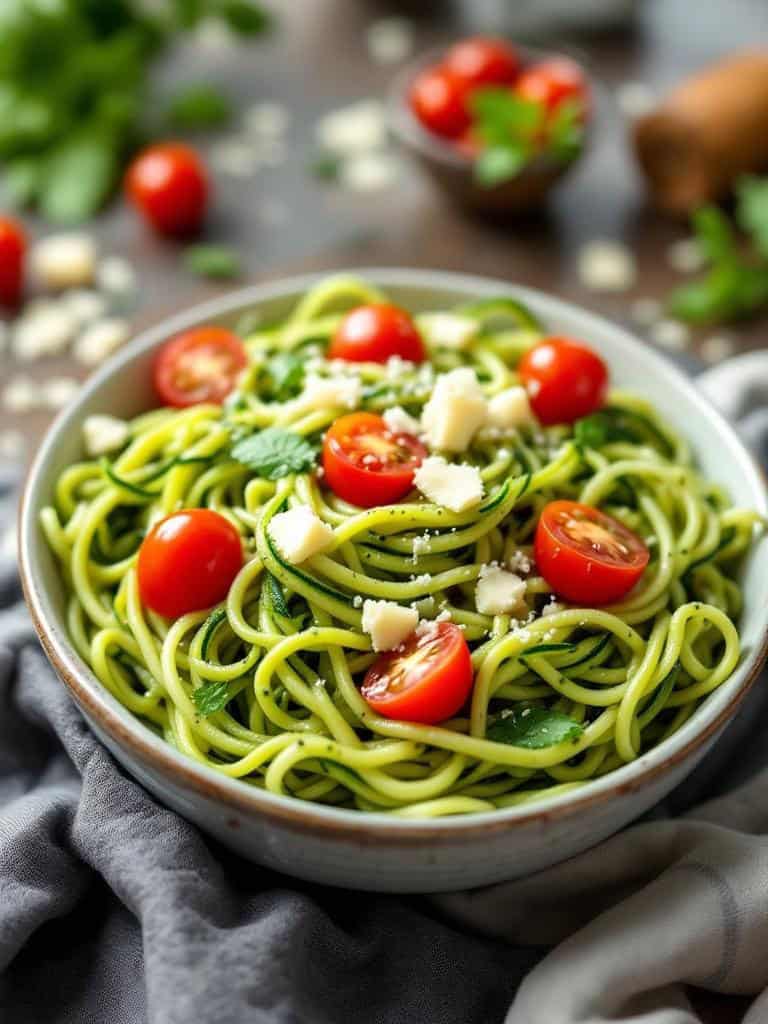 A bowl of zucchini noodles topped with pesto, cherry tomatoes, and cheese.