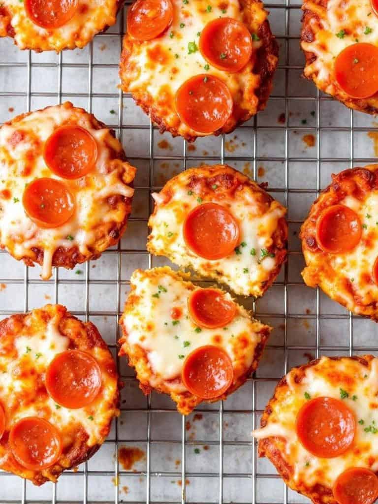 A tray of homemade pizza muffins topped with pepperoni and melted cheese.