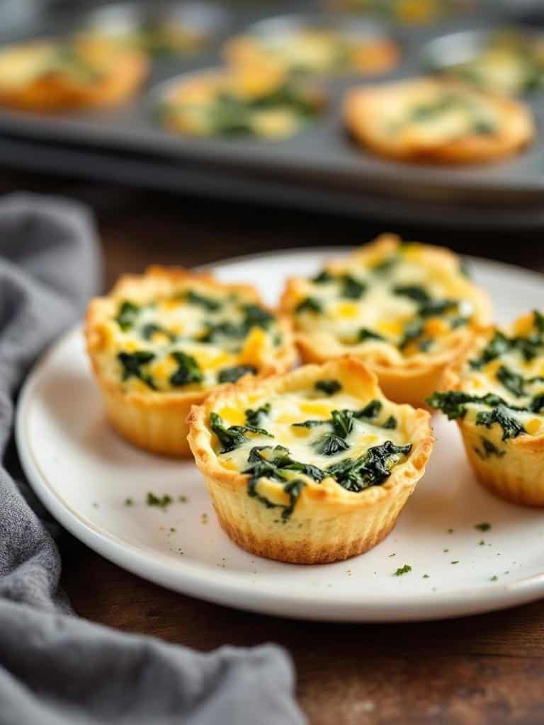Mini quiches with spinach on a plate