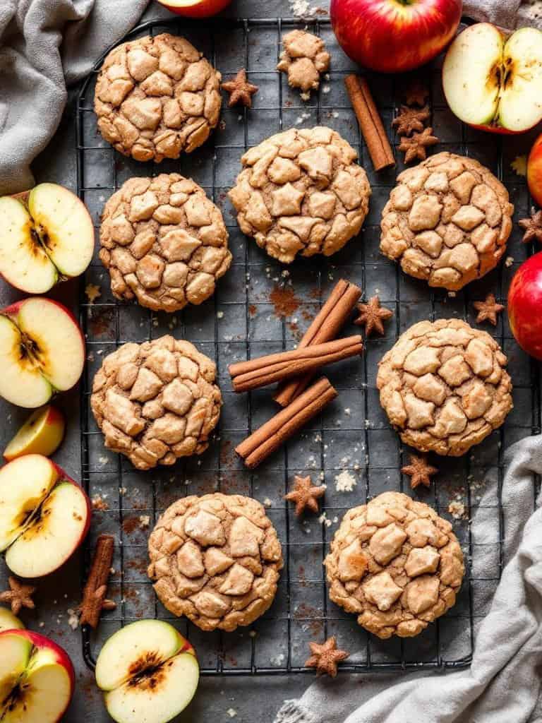 A plate of freshly baked apple cinnamon cookies surrounded by apples and cinnamon sticks.