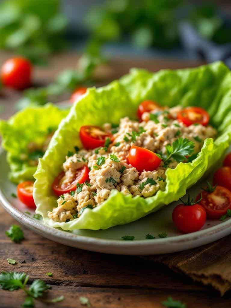 Tuna salad in lettuce wraps with cherry tomatoes on a plate.