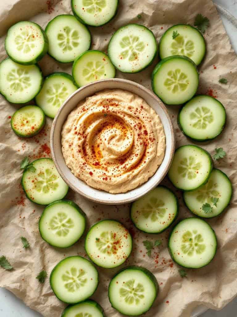 Sliced cucumbers arranged around a bowl of hummus with a sprinkle of paprika.