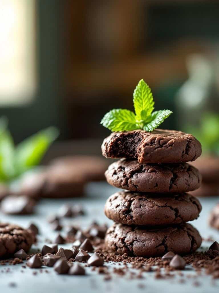 A stack of chocolate mint cookies with a mint leaf on top, surrounded by chocolate chips.