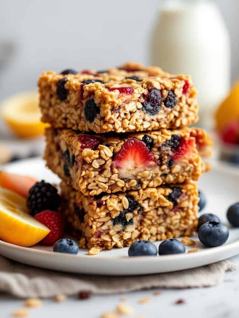 A stack of homemade granola bars with berries on a plate.