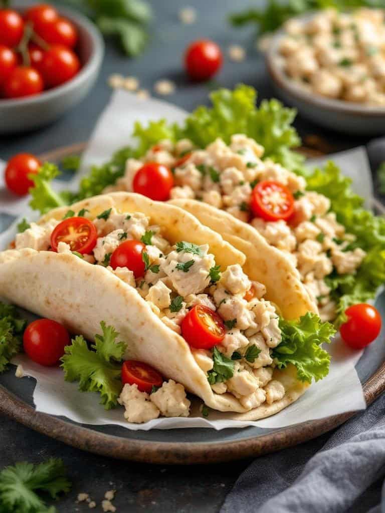 Mini pita pockets filled with chicken salad, cherry tomatoes, and lettuce on a plate.
