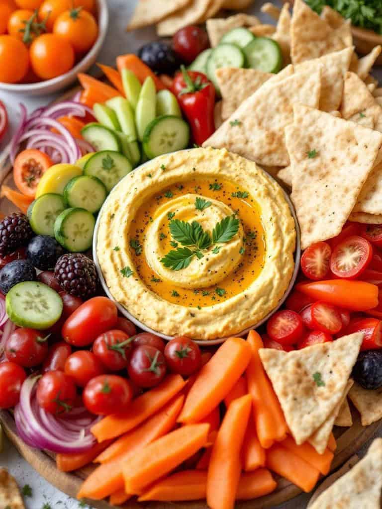A colorful platter with hummus, fresh vegetables, and pita chips on a light background.