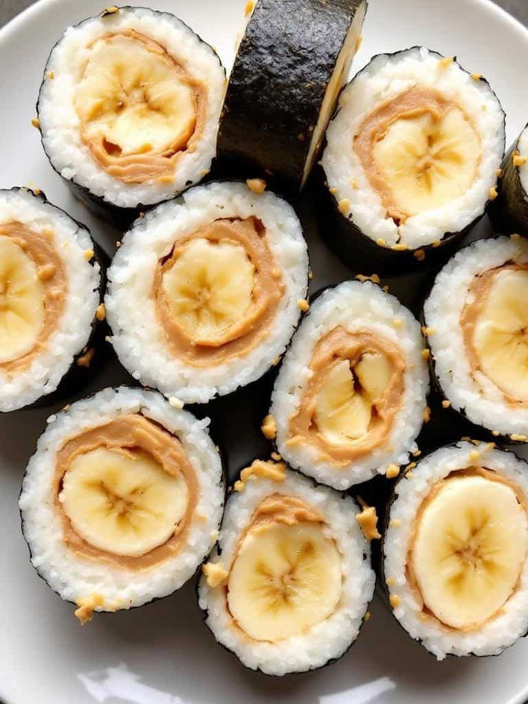Peanut butter and banana sushi rolls on a plate.