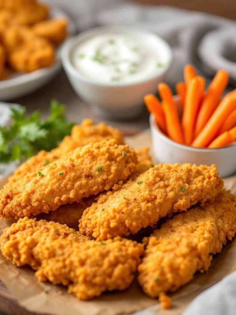 Crispy oven-baked chicken tenders served with carrots and dipping sauce.