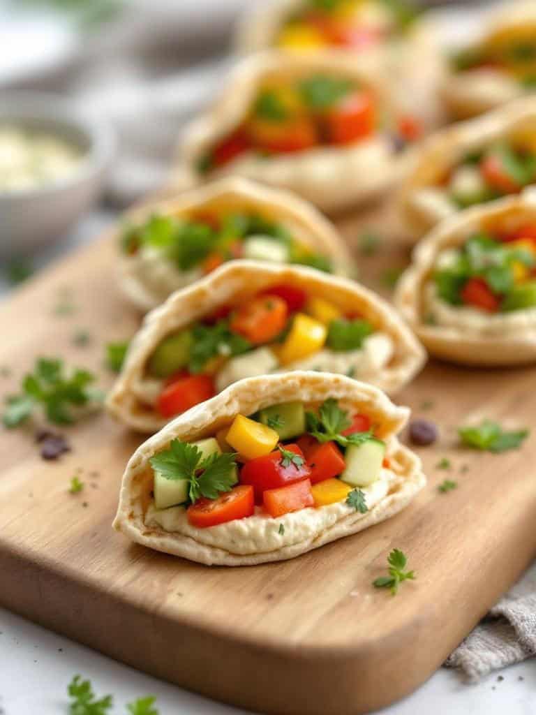Mini pita pockets filled with hummus and assorted vegetables on a wooden board.