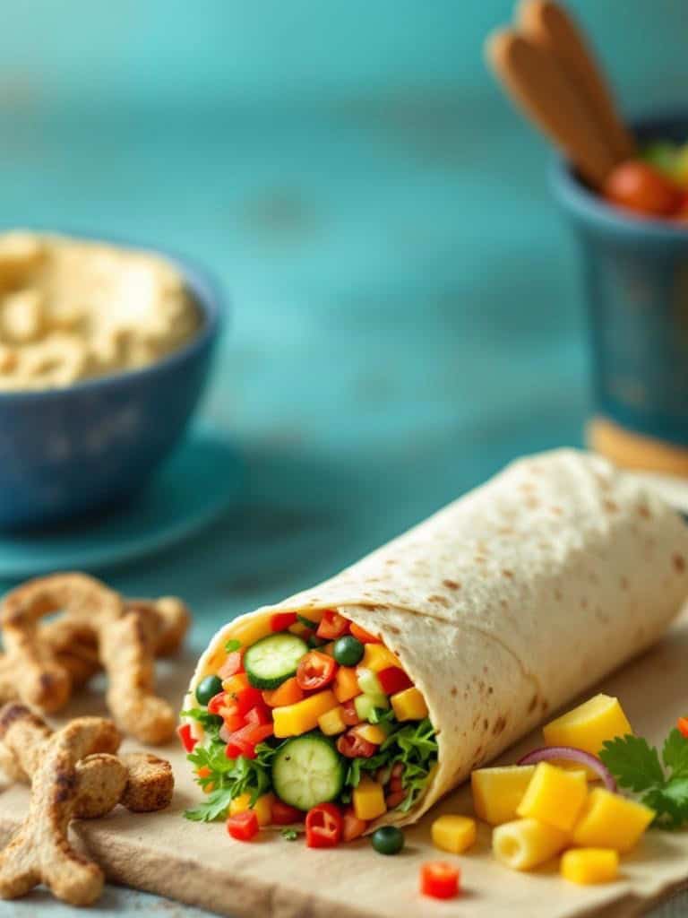 Colorful veggie wraps filled with fresh vegetables and hummus on a wooden board.