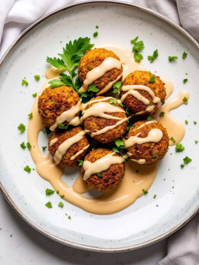 Baked falafel balls drizzled with tahini sauce on a plate, garnished with parsley.