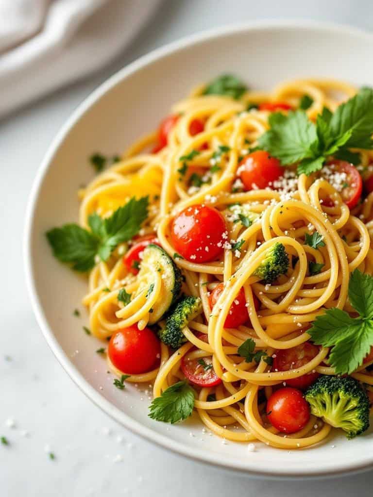 A bowl of pasta primavera with cherry tomatoes, broccoli, and herbs.